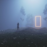 Mysterious glowing portal in the forest at night