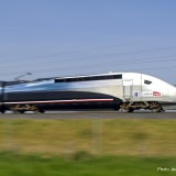 Pendant les essais du record du monde de vitesse sur rails (574 ,8 km/h le 3 avril 2007), j’ai photographié ce « tir » (= marche d’essai) à la volée au 1/40e alors que la rame roulait entre 500 et 550 km/h.
Vue prise à Passavant-en-Argonne sur l